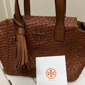 Tory Burch Thea Woven Leather Slouchy Satchel bag Brown